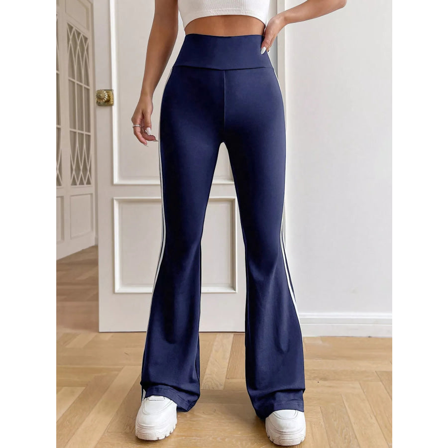 High-Waisted Side-Striped Flare Active Pants Blue and White Strips / S Apparel and Accessories