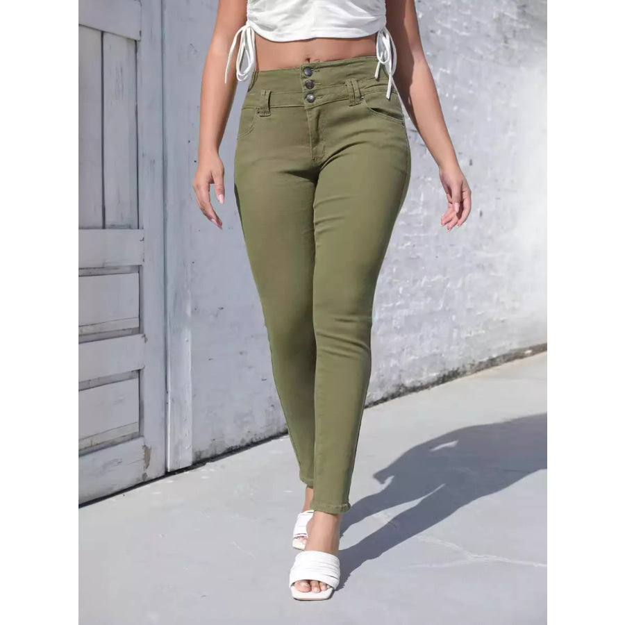 High-Waisted Skinny Jeans Green / S Apparel and Accessories