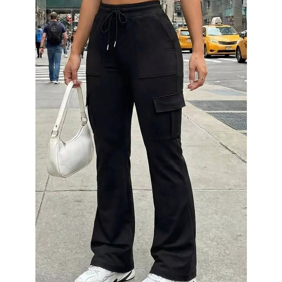 High-Waisted Slim-Fit Cargo Flare Pants with Drawstring Apparel and Accessories