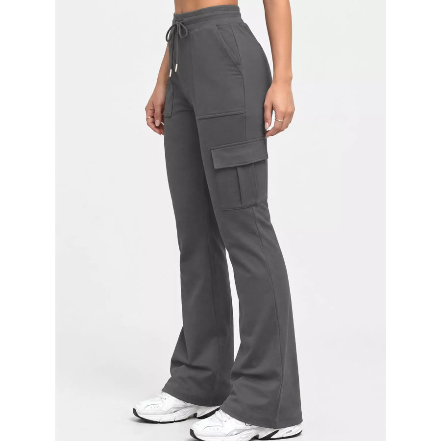 High-Waisted Slim-Fit Cargo Flare Pants with Drawstring Apparel and Accessories