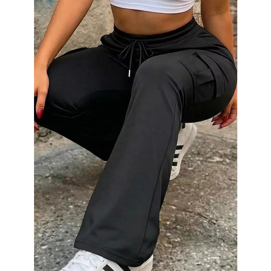High-Waisted Slim-Fit Cargo Flare Pants with Drawstring Black / S Apparel and Accessories