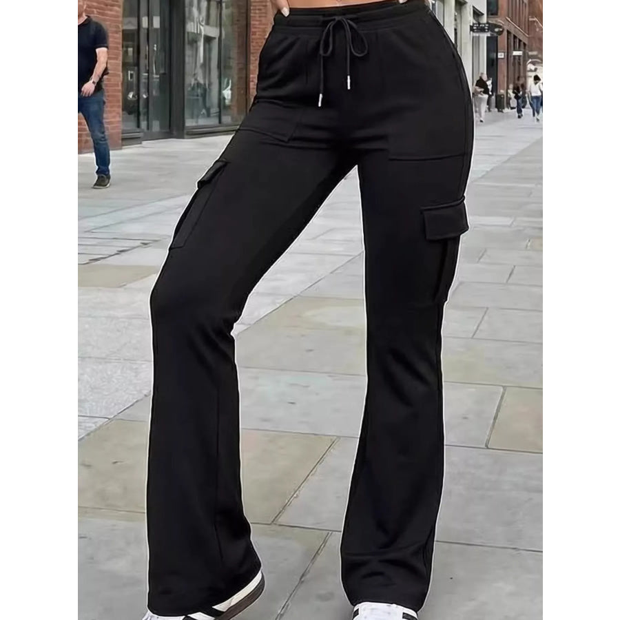 High-Waisted Slim-Fit Cargo Flare Pants with Drawstring Black / S Apparel and Accessories