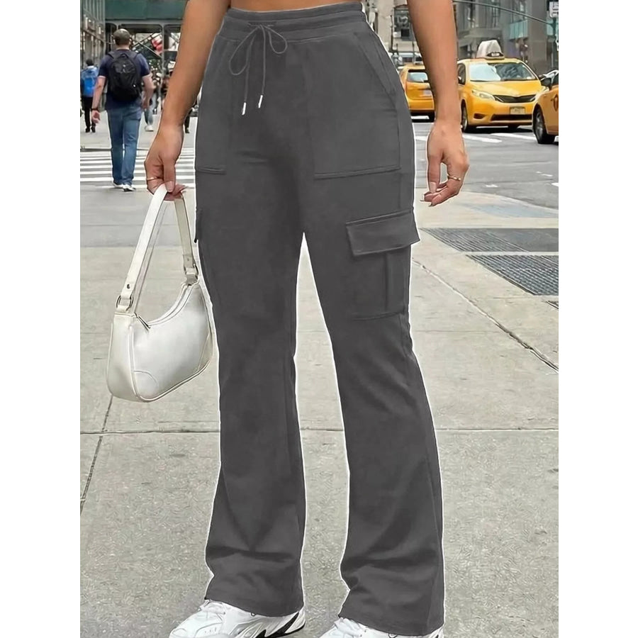High-Waisted Slim-Fit Cargo Flare Pants with Drawstring Gray / S Apparel and Accessories