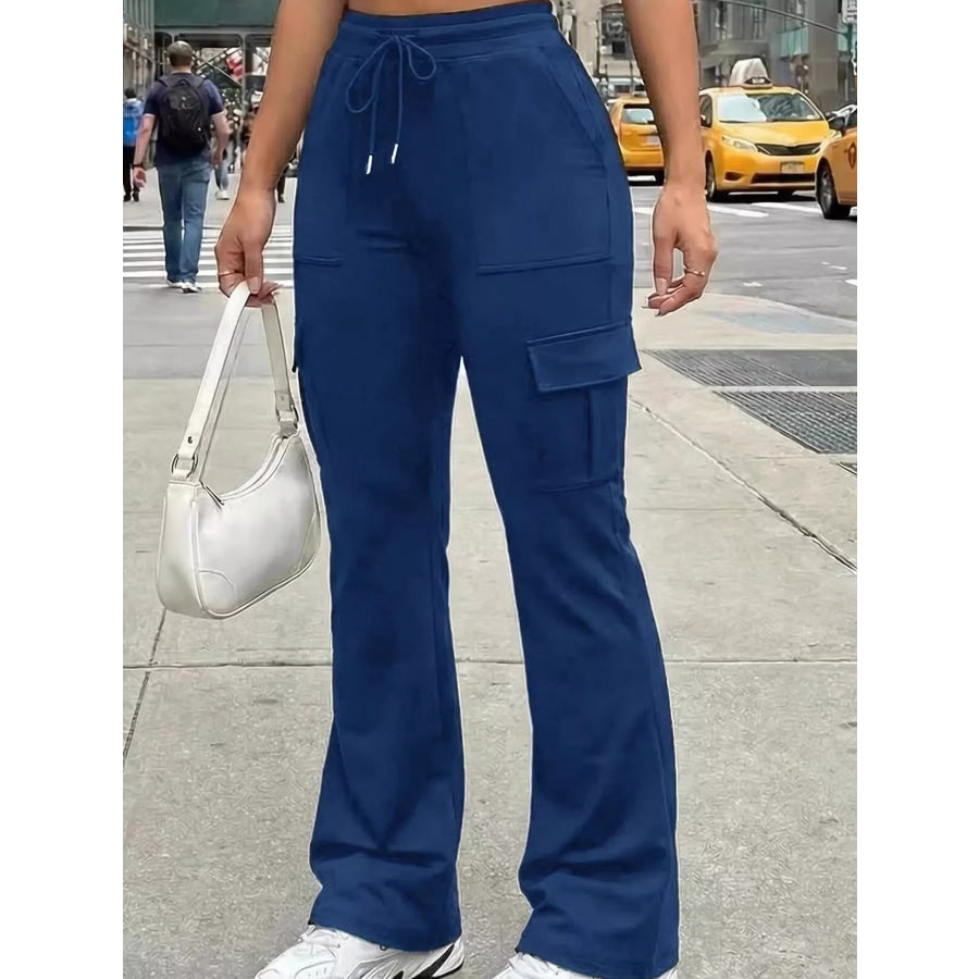 High-Waisted Slim-Fit Cargo Flare Pants with Drawstring Navy / S Apparel and Accessories