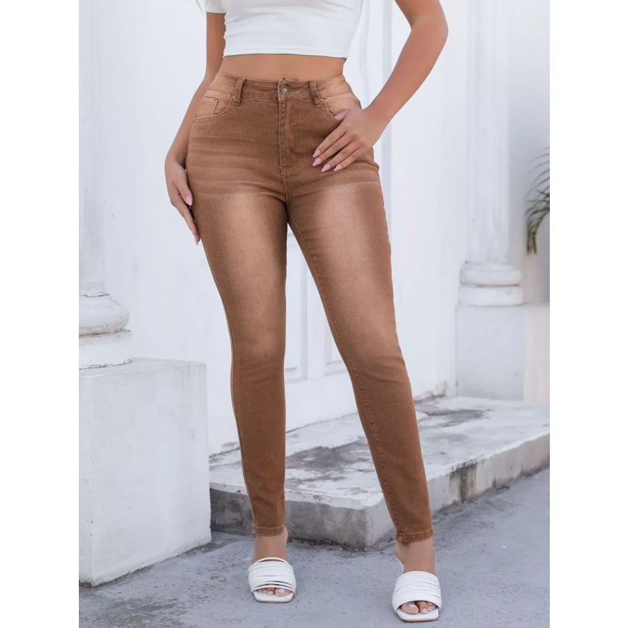 High-Waisted Slim-Fit Jeans Brown / S Apparel and Accessories