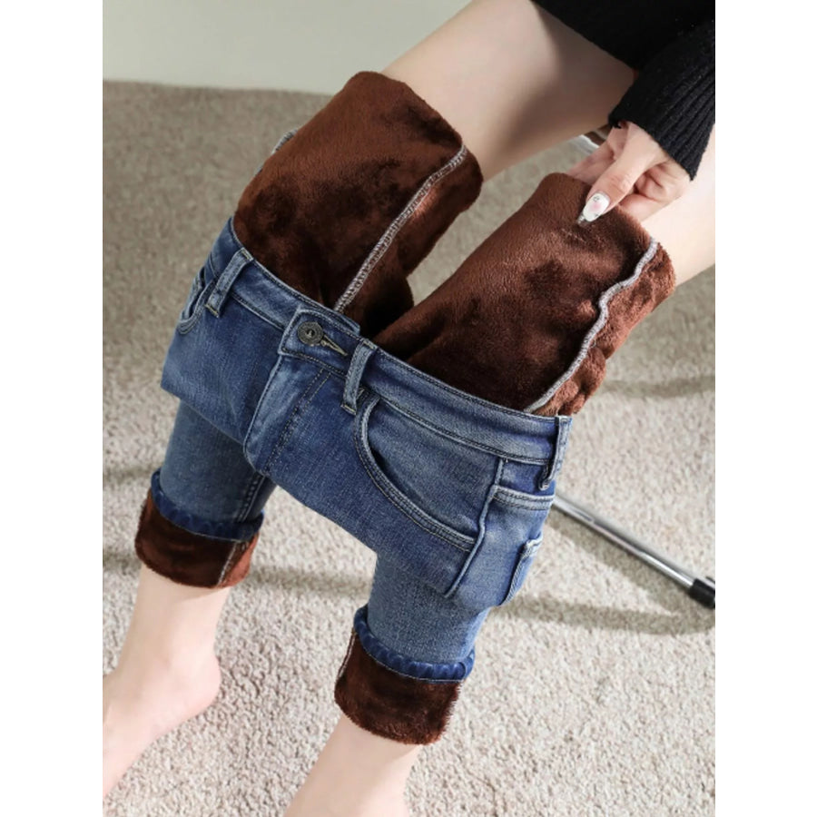 High-Waisted Slim-Fit Stretch Fleece Jeans Apparel and Accessories