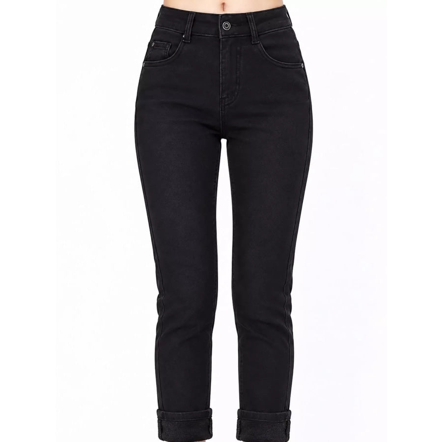 High-Waisted Slim-Fit Stretch Fleece Jeans Black-Black Fleece-Full Length Pants / 26 Apparel and Accessories