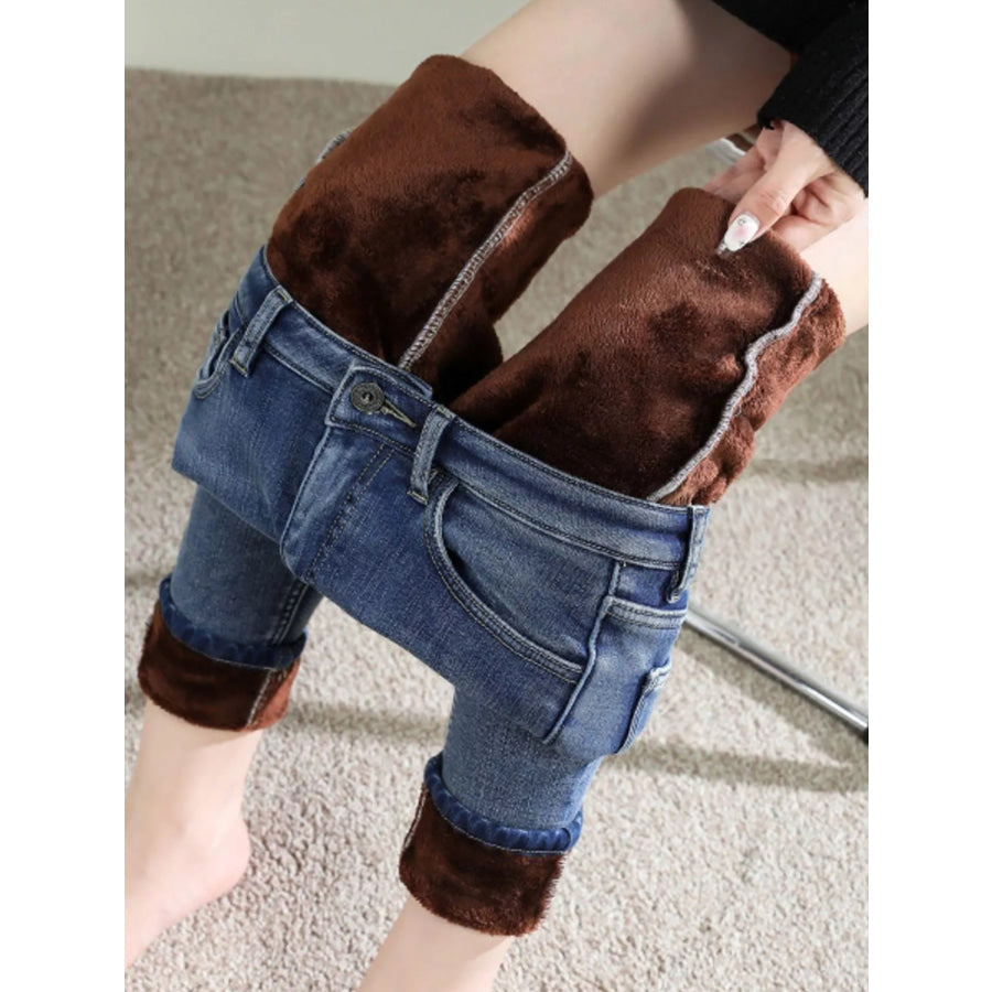 High-Waisted Slim-Fit Stretch Fleece Jeans Apparel and Accessories