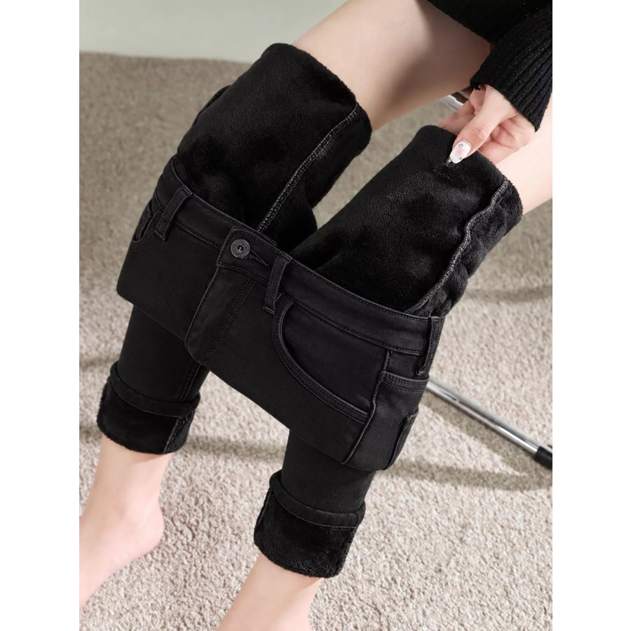 High-Waisted Slim-Fit Stretch Fleece Jeans Apparel and Accessories