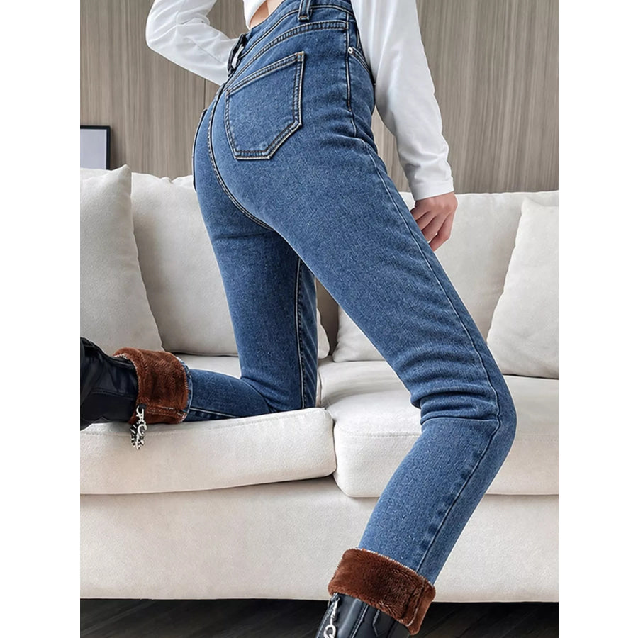 High-Waisted Slim-Fit Stretch Fleece Jeans Apparel and Accessories