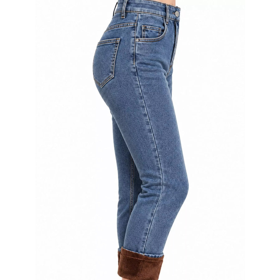 High-Waisted Slim-Fit Stretch Fleece Jeans Apparel and Accessories