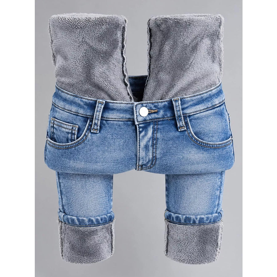High-Waisted Slim-Fit Stretch Fleece Jeans Apparel and Accessories