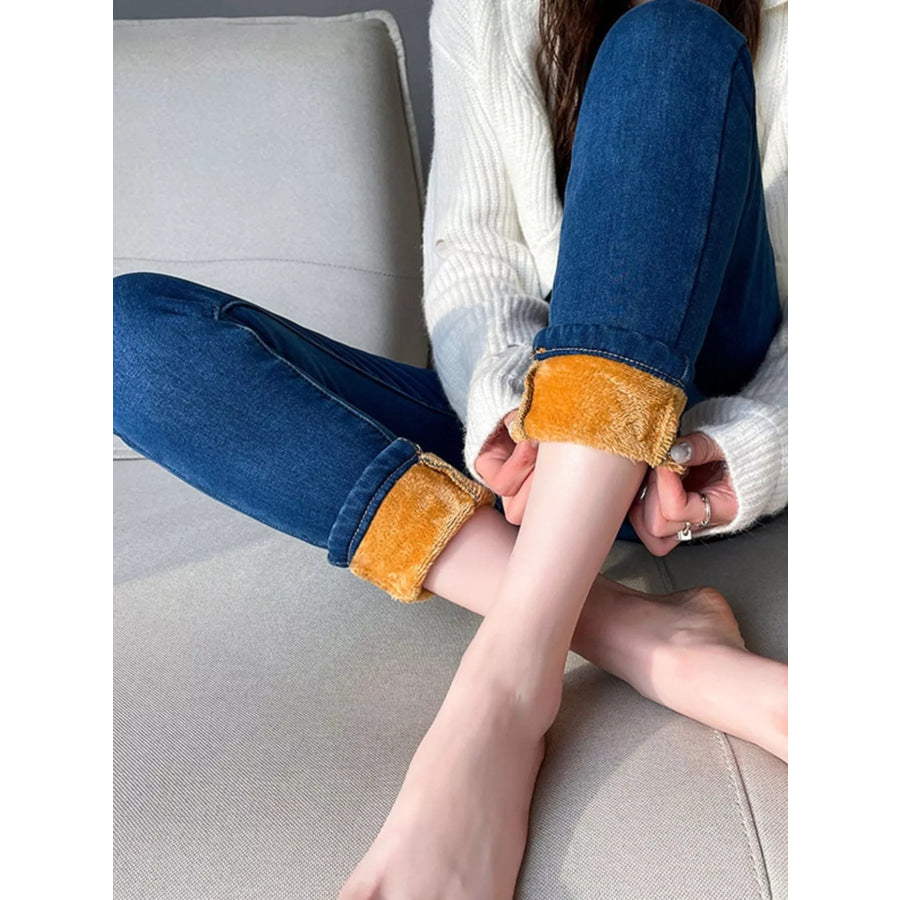 High-Waisted Slim-Fit Stretch Fleece Jeans Apparel and Accessories