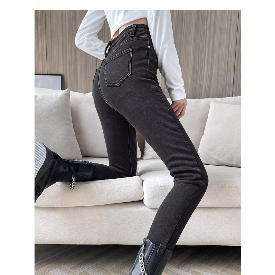 High-Waisted Slim-Fit Stretch Fleece Jeans Apparel and Accessories