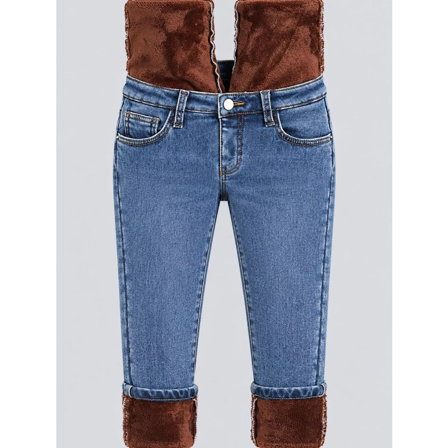 High-Waisted Slim-Fit Stretch Fleece Jeans Apparel and Accessories