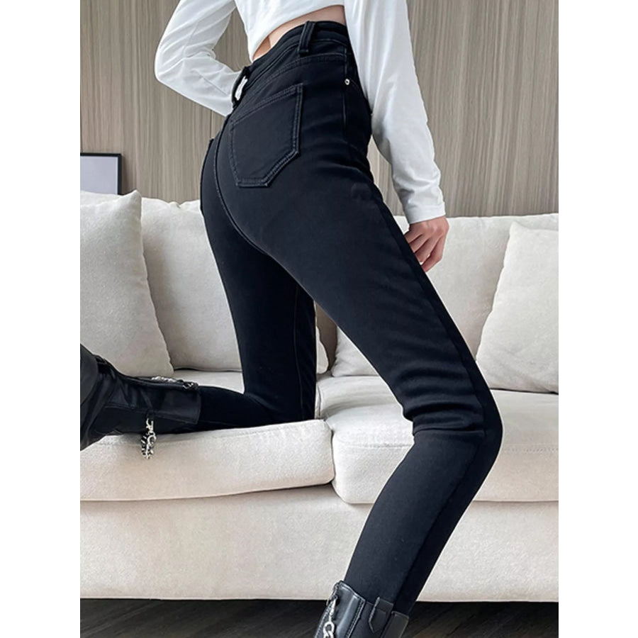 High-Waisted Slim-Fit Stretch Fleece Jeans Black-Black Fleece-Full Length Pants / 26 Apparel and Accessories
