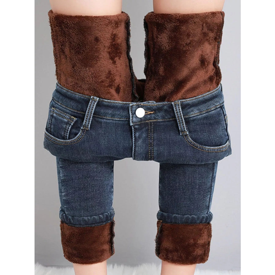 High-Waisted Slim-Fit Stretch Fleece Jeans Blue Gray-Fleece-lined-Full Length Pants / 26 Apparel and Accessories