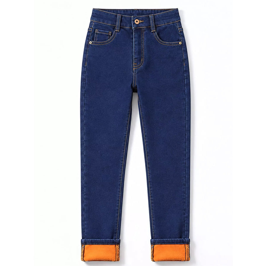 High-Waisted Slim-Fit Stretch Fleece Jeans Dark Blue-Fleece-lined-Ankle Length Pants / 26 Apparel and Accessories