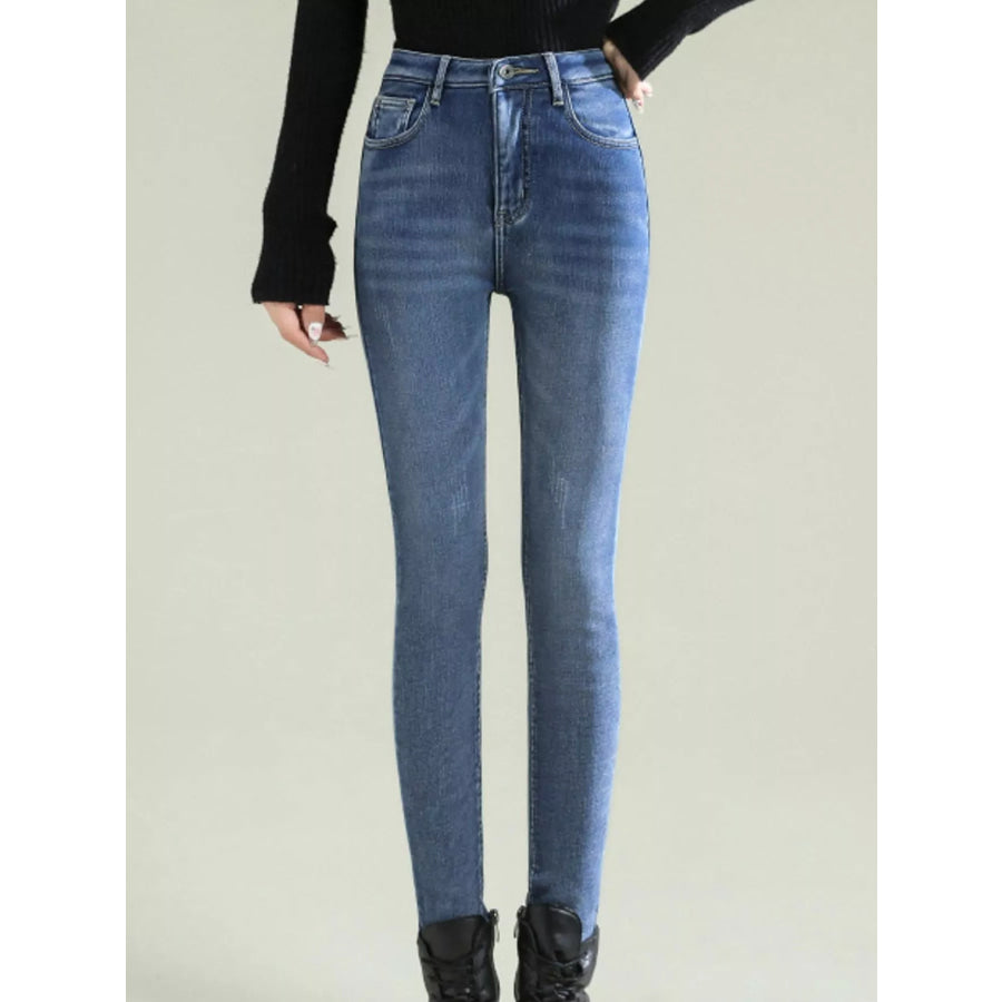 High-Waisted Slim-Fit Stretch Fleece Jeans Deep Blue-Fleece-lined-Full Length Pants / 26 Apparel and Accessories