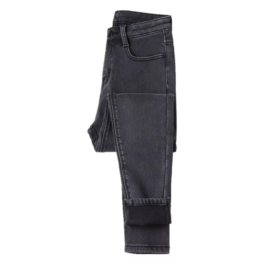 High-Waisted Slim-Fit Stretch Fleece Jeans Gray-Fleece-lined-Full Length Pants / 26 Apparel and Accessories