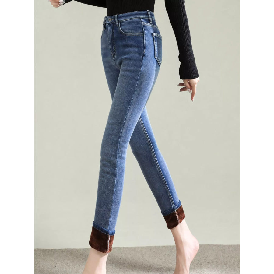 High-Waisted Slim-Fit Stretch Fleece Jeans Retro Blue-Coffee Fleece-Ankle Length Pants / 26 Apparel and Accessories