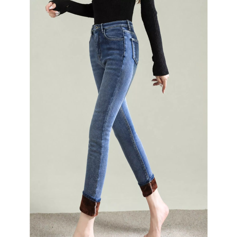 High-Waisted Slim-Fit Stretch Fleece Jeans Retro Blue-Coffee Fleece-Full Length Pants / 26 Apparel and Accessories