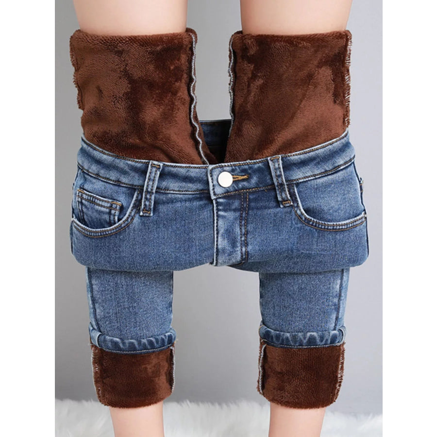 High-Waisted Slim-Fit Stretch Fleece Jeans Retro Blue-Plush-Fleece-lined-Full Length Pants / 26 Apparel and Accessories