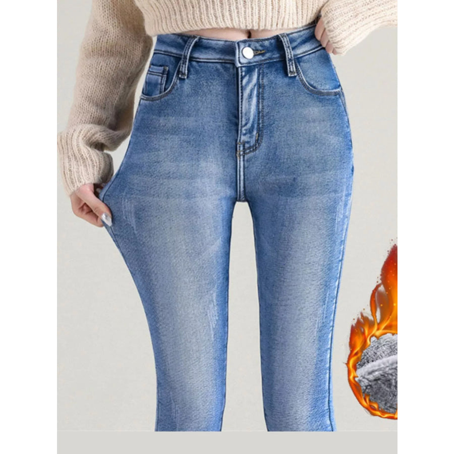High-Waisted Slim-Fit Stretch Fleece Jeans Sky Blue-Fleece-lined-Full Length Pants / 26 Apparel and Accessories