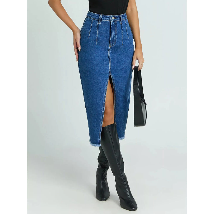 High-Waisted Slit Denim Skirt Apparel and Accessories