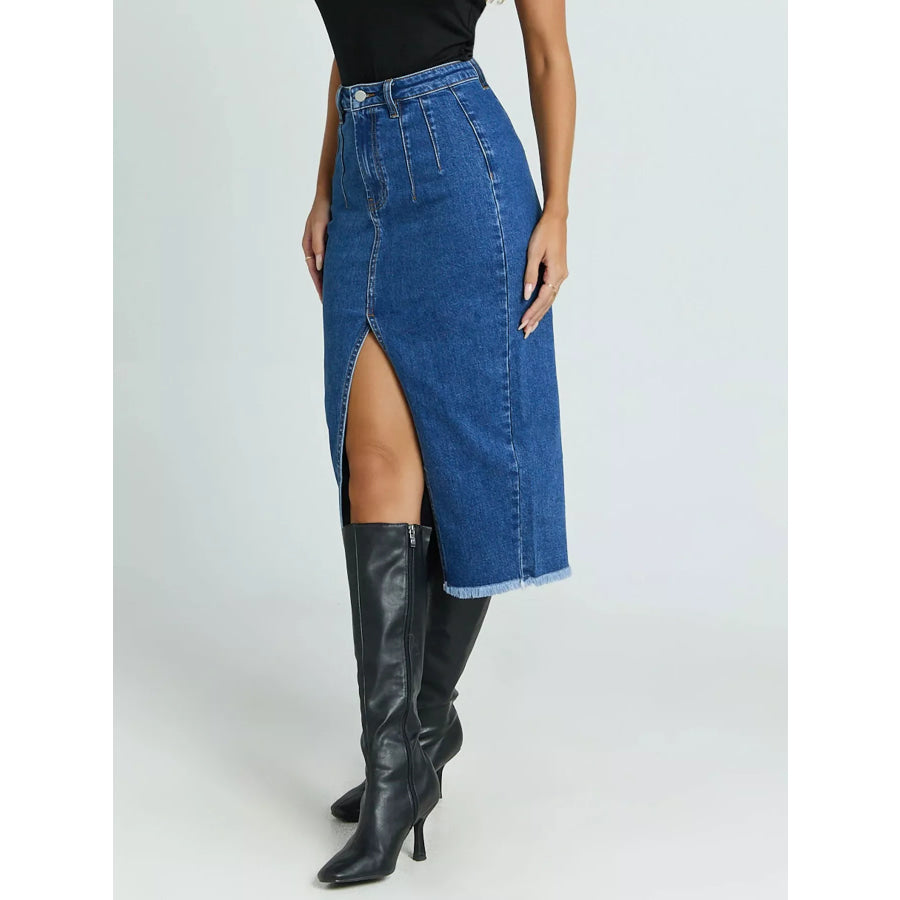 High-Waisted Slit Denim Skirt Apparel and Accessories