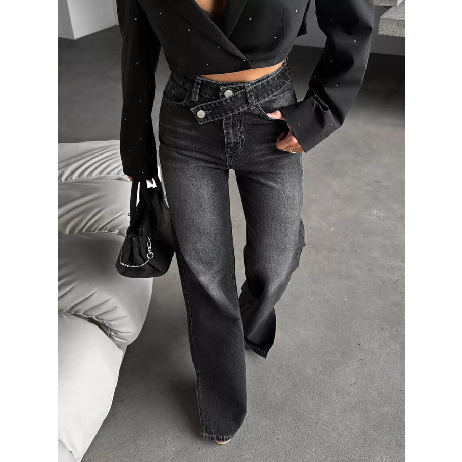 High-Waisted Slit Hem Jeans Apparel and Accessories