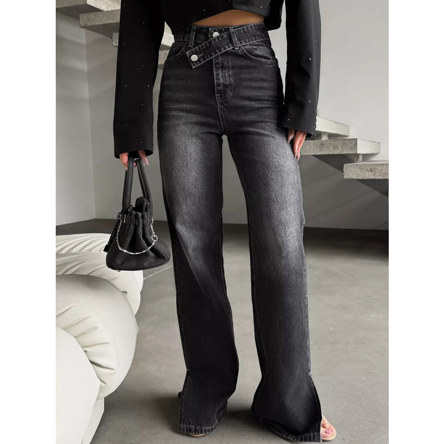 High-Waisted Slit Hem Jeans Black / S Apparel and Accessories