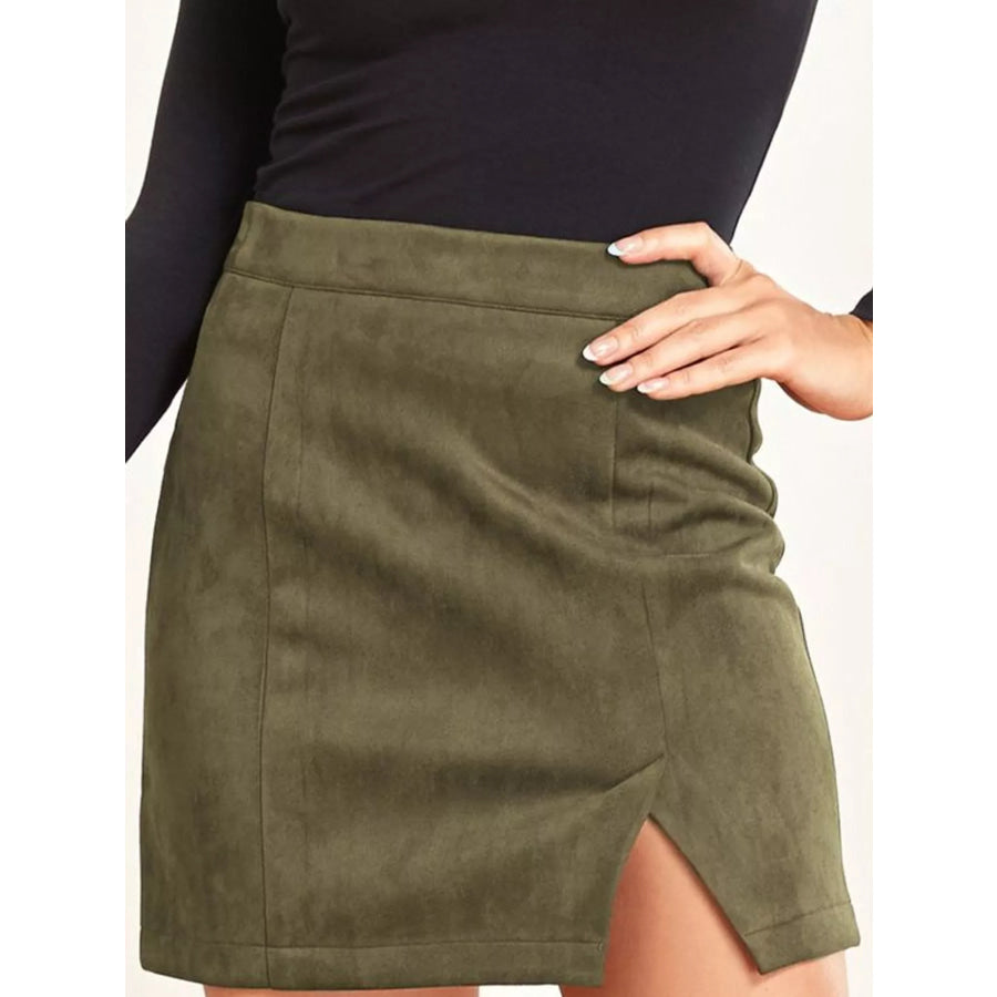 High-Waisted Slit Skirt Army Green / S Apparel and Accessories