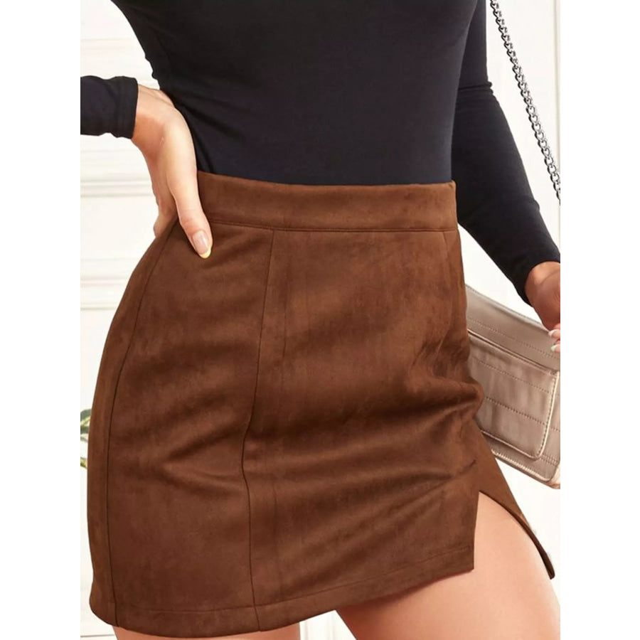 High-Waisted Slit Skirt Brown / S Apparel and Accessories