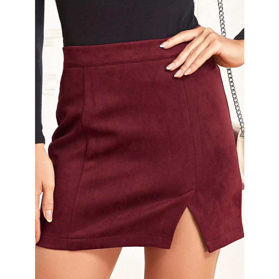 High-Waisted Slit Skirt Burgundy / S Apparel and Accessories
