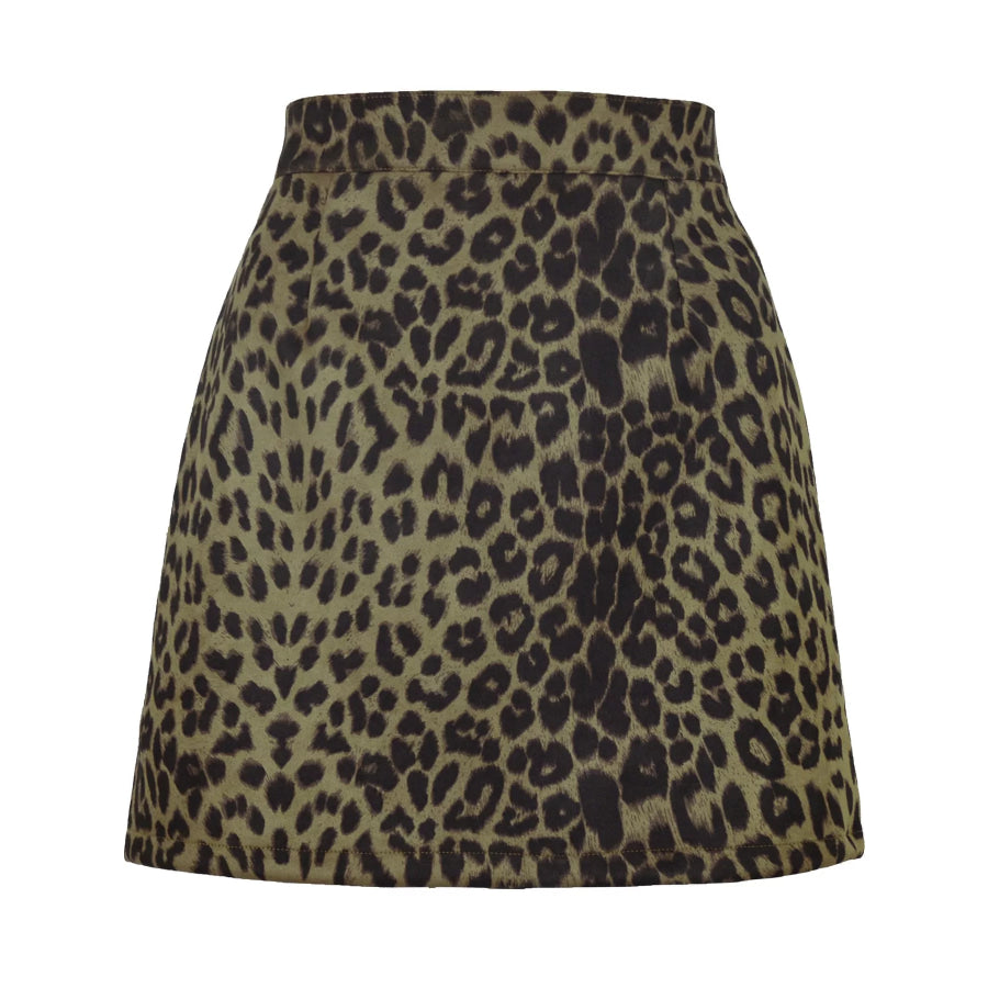 High-Waisted Slit Skirt Dark Green-Leopard Print / S Apparel and Accessories