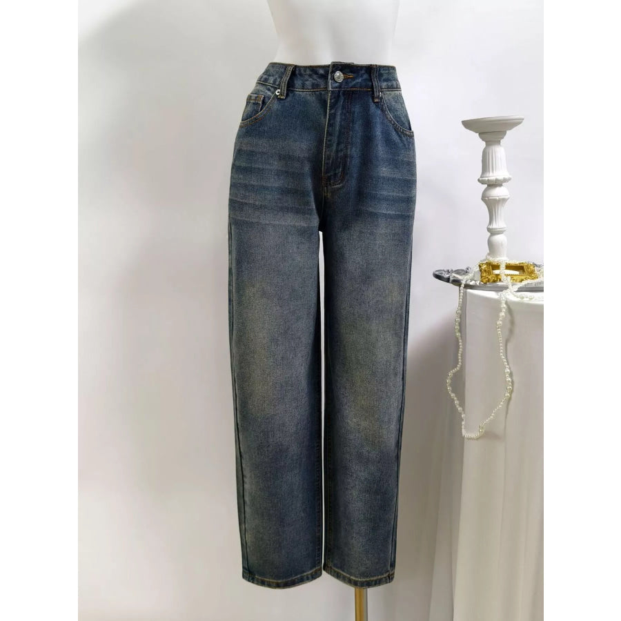 High-Waisted Straight Leg Jeans Dark / XXS（36） Apparel and Accessories