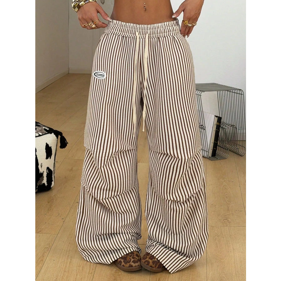High-Waisted Striped Wide-Leg Cargo Pants with Drawstring Apparel and Accessories