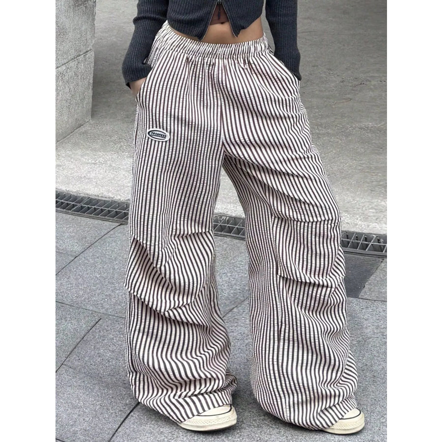 High-Waisted Striped Wide-Leg Cargo Pants with Drawstring Apparel and Accessories