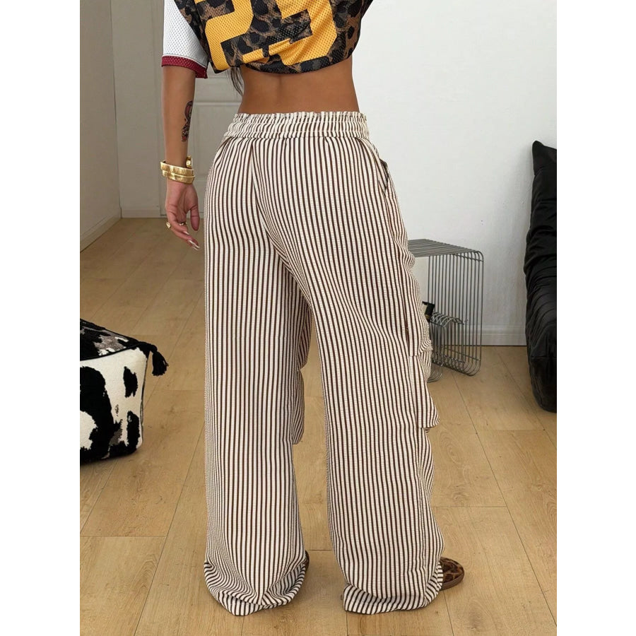 High-Waisted Striped Wide-Leg Cargo Pants with Drawstring Apparel and Accessories