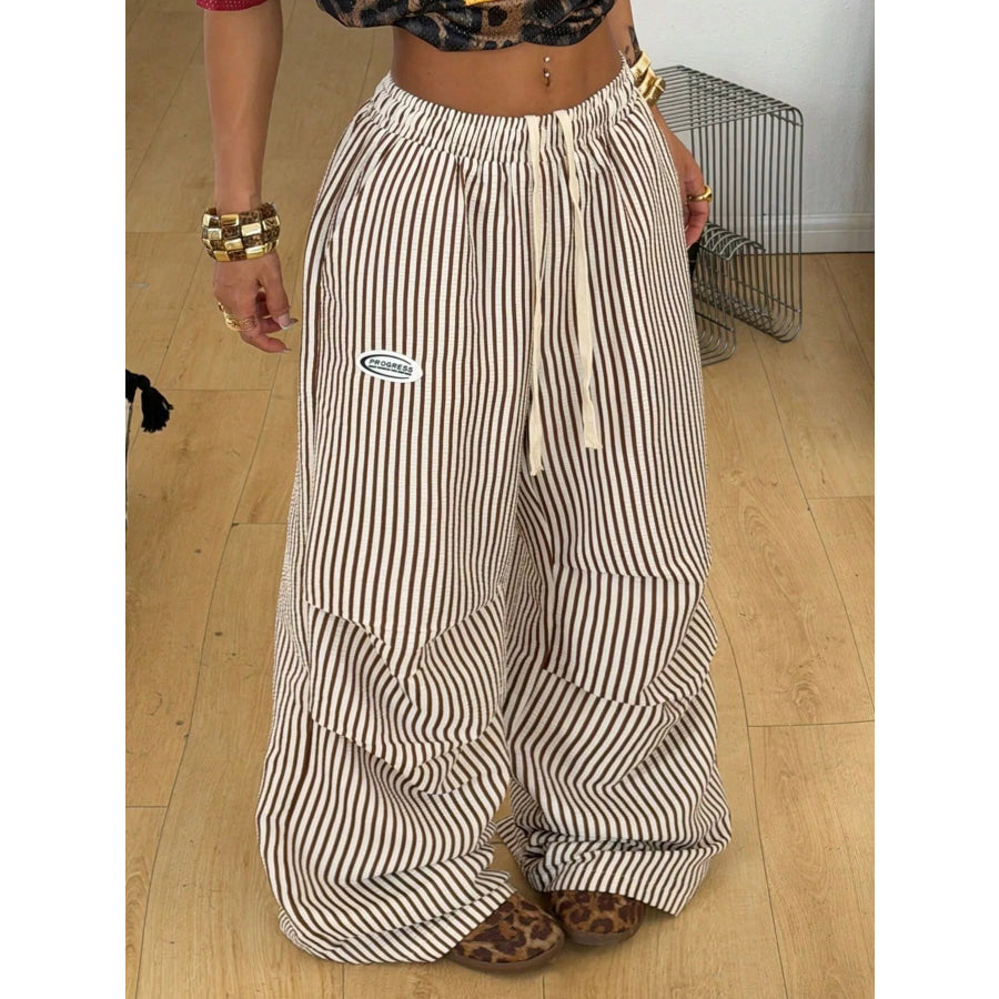 High-Waisted Striped Wide-Leg Cargo Pants with Drawstring Apparel and Accessories