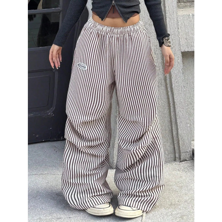 High-Waisted Striped Wide-Leg Cargo Pants with Drawstring Apparel and Accessories