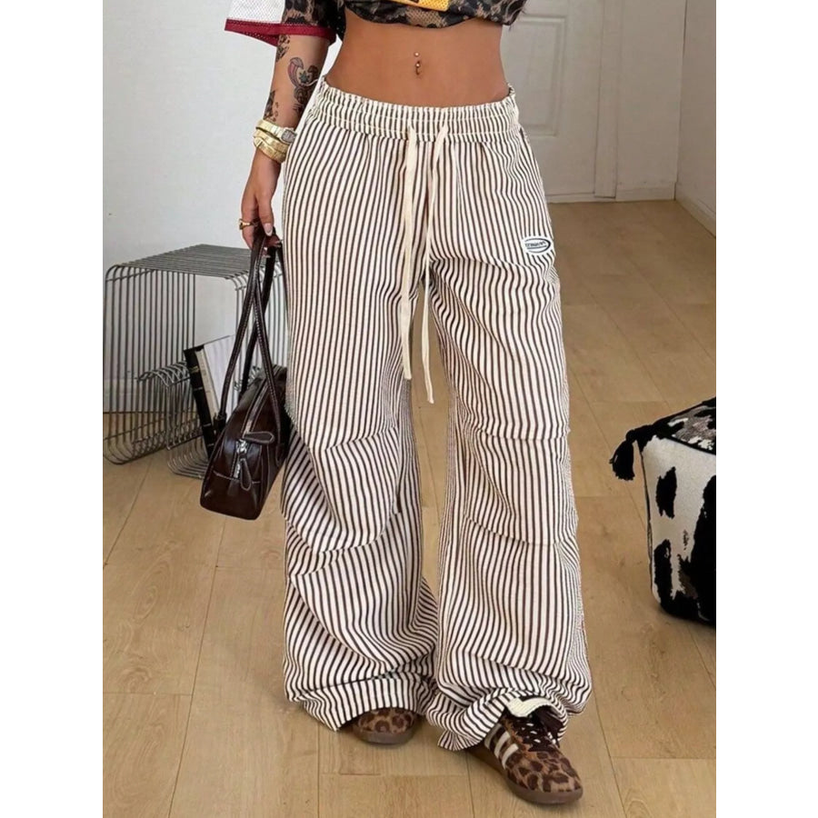 High-Waisted Striped Wide-Leg Cargo Pants with Drawstring Apparel and Accessories