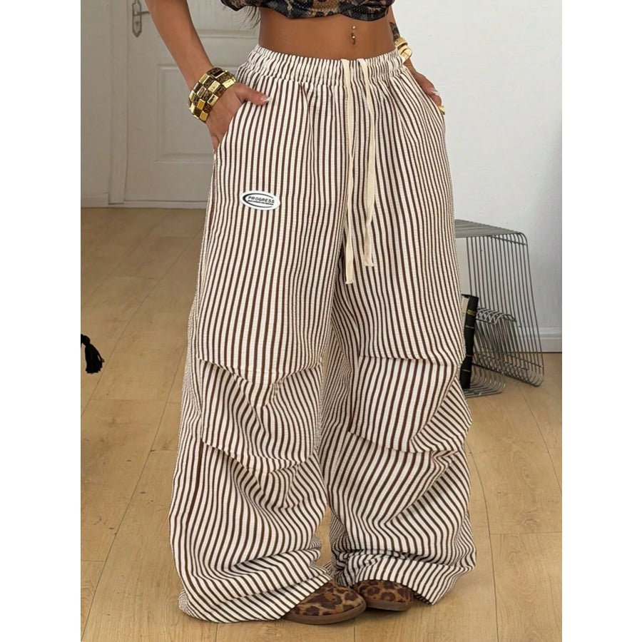 High-Waisted Striped Wide-Leg Cargo Pants with Drawstring Khaki / S Apparel and Accessories