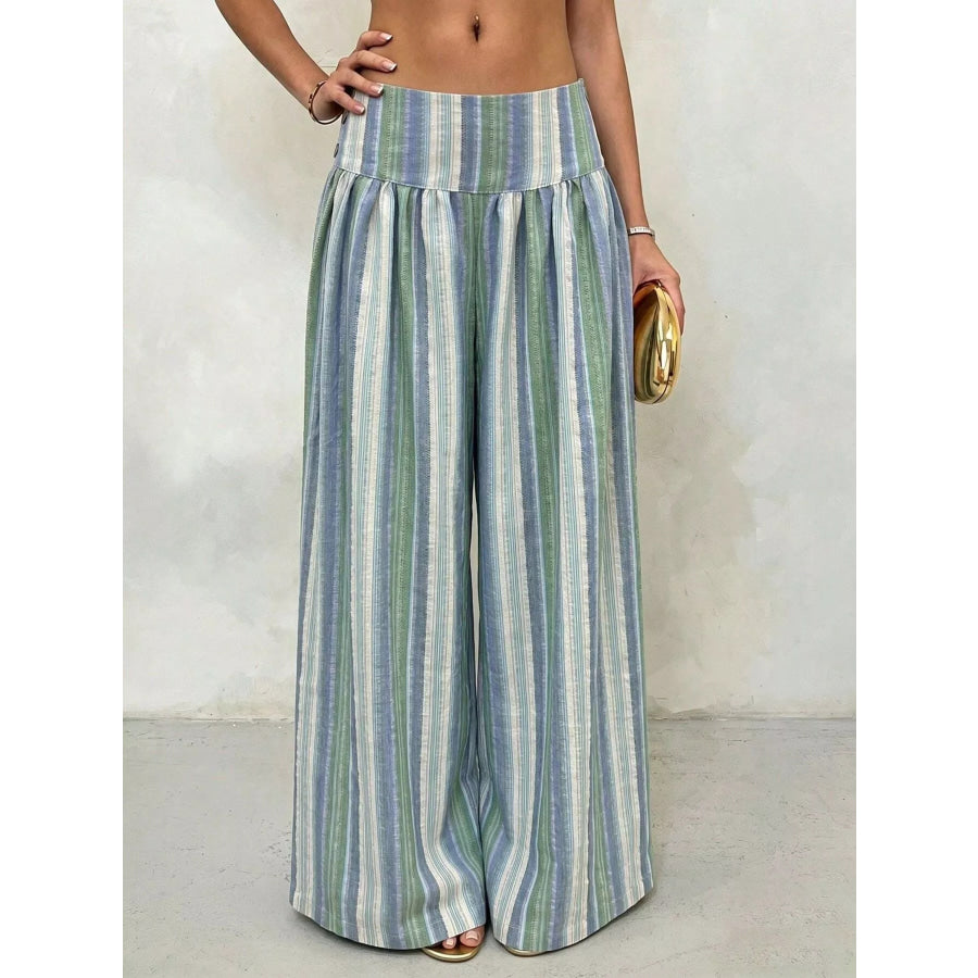 High-Waisted Striped Wide-Leg Casual Pants Blue-green Stripes / S Apparel and Accessories
