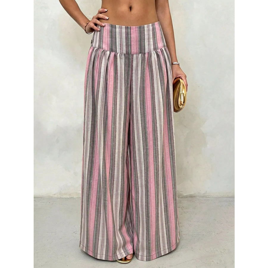 High-Waisted Striped Wide-Leg Casual Pants Gray Pink Stripes / S Apparel and Accessories