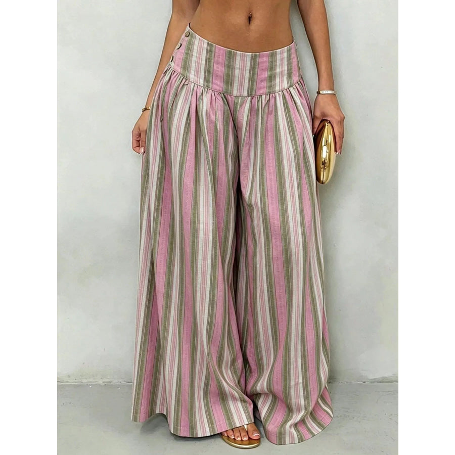 High-Waisted Striped Wide-Leg Casual Pants Green Pink Stripes / S Apparel and Accessories