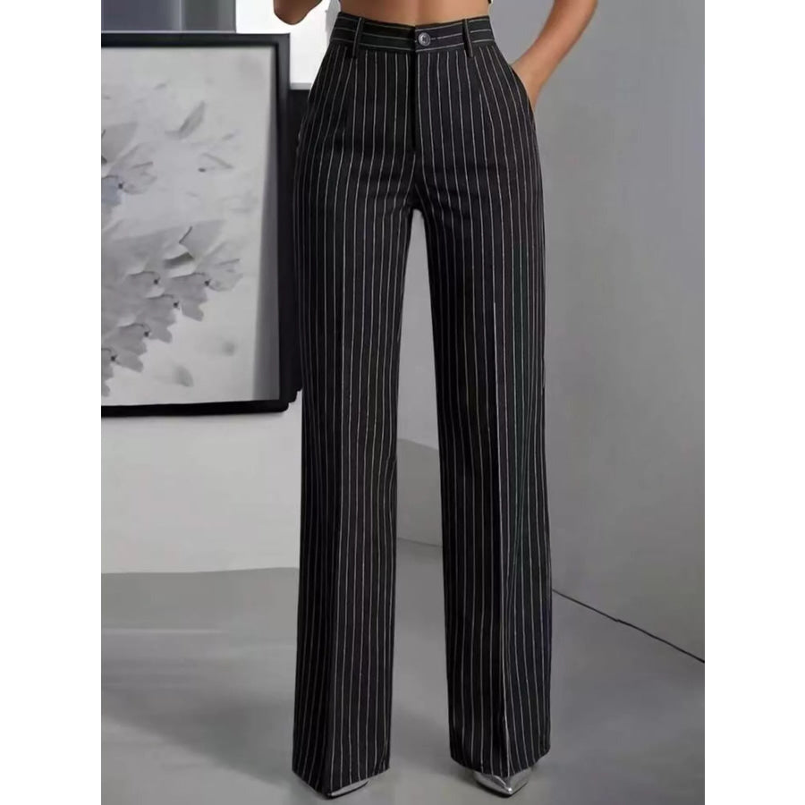 High-Waisted Striped Wide-Leg Pants Black / XS Apparel and Accessories