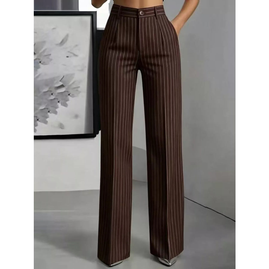 High-Waisted Striped Wide-Leg Pants Brown / XS Apparel and Accessories
