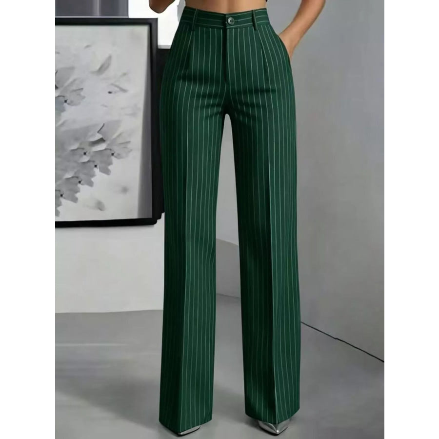 High-Waisted Striped Wide-Leg Pants Dark Green / XS Apparel and Accessories